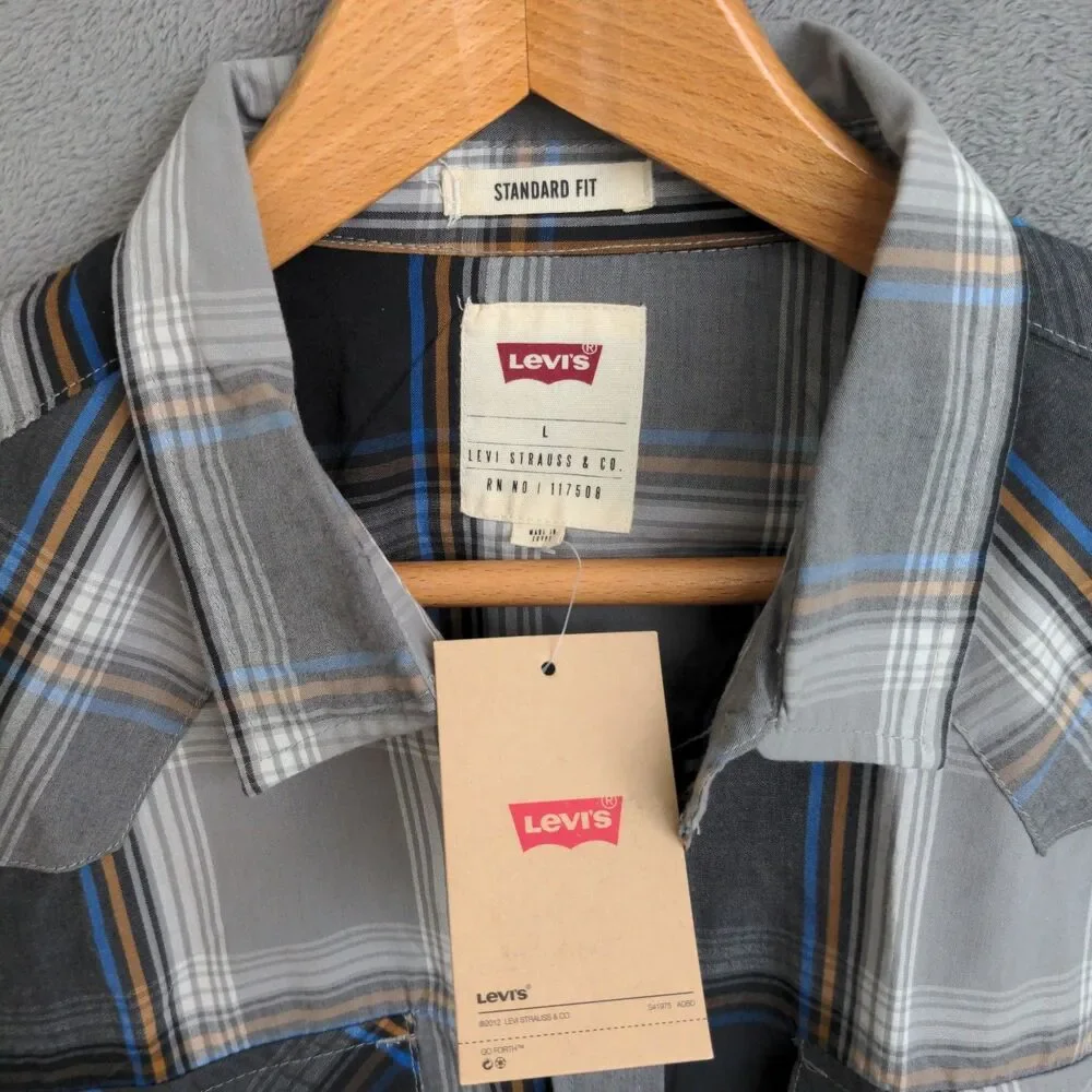 NWT Levi's Western Pearl Snap Shirt Mens L Plaid Standard Fit Long Sleeve